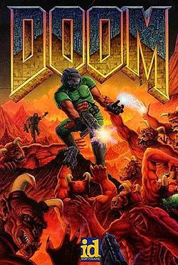 The Doom title artwork, painted by Don Ivan Punchatz, depicts the lone hero, a space marine, fighting demonic creatures.